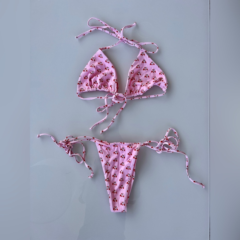 Frankie’s Bikini Pink Cherries Swimsuit Top and Bottom (New)